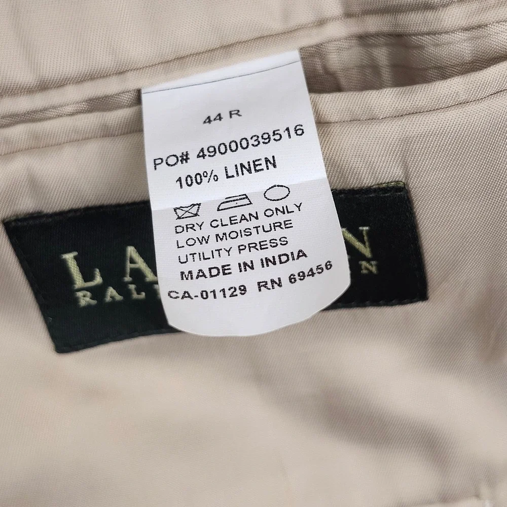 Lauren Ralph Lauren Blazer Sport Coat Jacket Mens 44R Beige Linen Two Button